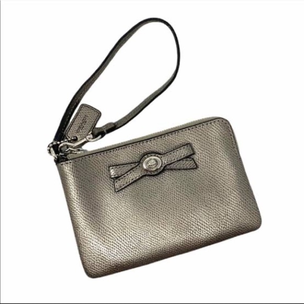 Silver Leather Wristlet with Silver Bow Detail, Two Card Pockets Inside